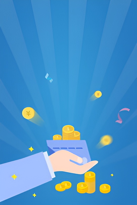 يد ممتدة ممسكة بعملات نقديه ذهبية ويتطاير حولها ايضا عملات نقديه، لون الكم رمادي والخلفية زرقاء